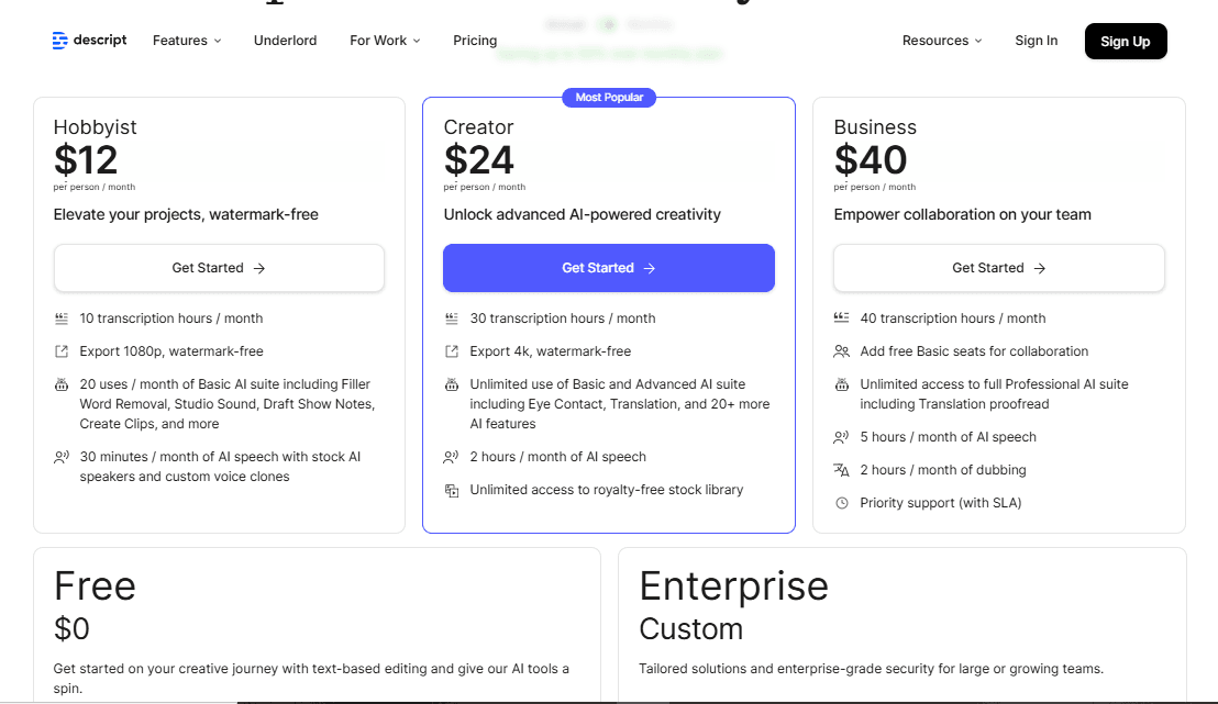 Descript AI Pricing Plans | Best Free AI Tools Price Guide