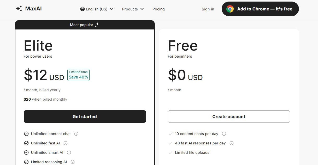 MaxAI.me Free Pricing Plans | Best Free AI Tools Price Guide