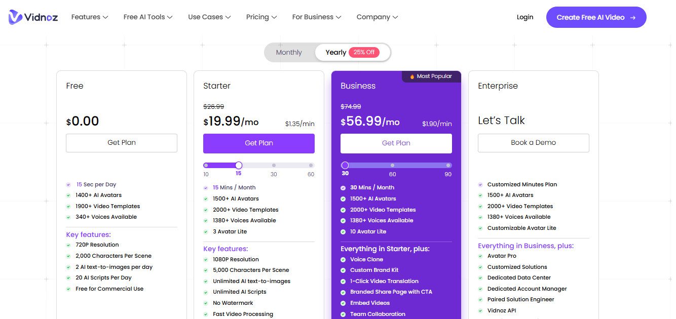 Vidnoz AI Pricing Plans | Best Free AI Tools Price Guide