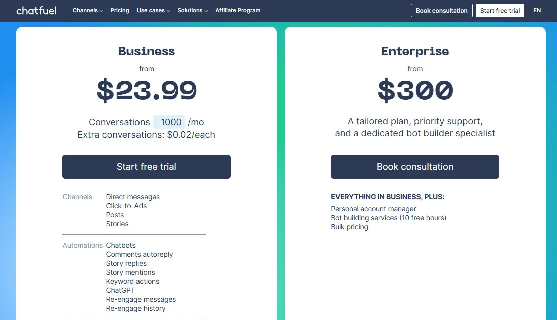Chatfuel AI Pricing Plans for Facebook & Instagram | Best Free AI Tools Price Guide