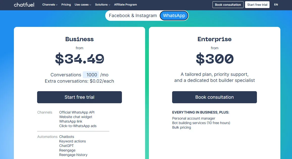 Chatfuel AI Pricing Plans for Whatsapp| Best Free AI Tools Price Guide
