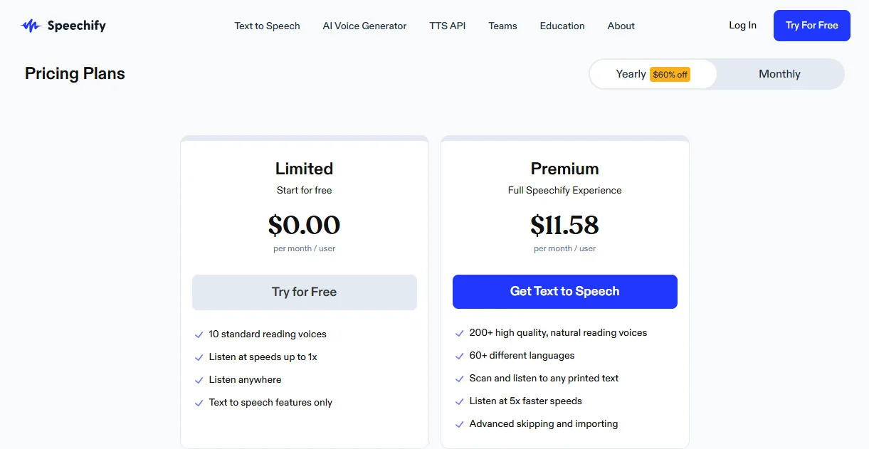 Speechify AI Pricing Plans | Best Free AI Tools Price Guide