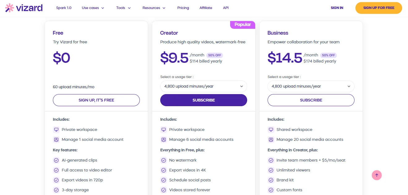 Vizard AI Pricing Plans | Best Free AI Tools Price Guide