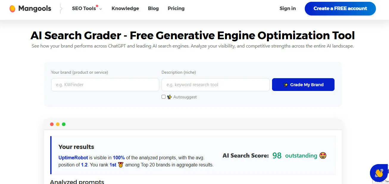 Mangools AI Search Grader Checker Features Platform Overview | Best Free AI Tools Team Review