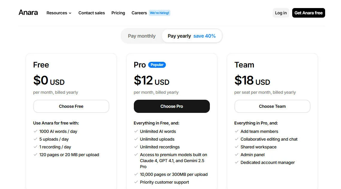 Anara Yearly Pricing Plans | Best Free AI Tools Price Guide