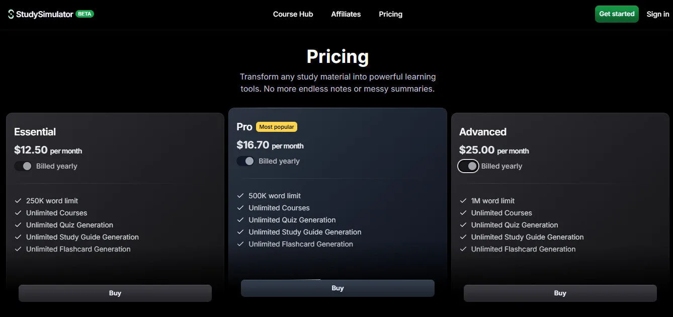 Studysim AI Yearly Pricing Plans | Best Free AI Tools Price Guide