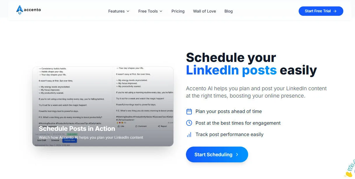 Accento AI Linkedin Post Schedule with AI Features Platform Overview | Best Free AI Tools Team Review