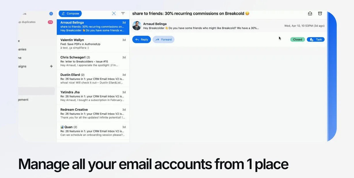 Breakcold CRM Unifield Inbox Linkedin Email Features Platform Overview | Best Free AI Tools Team Review