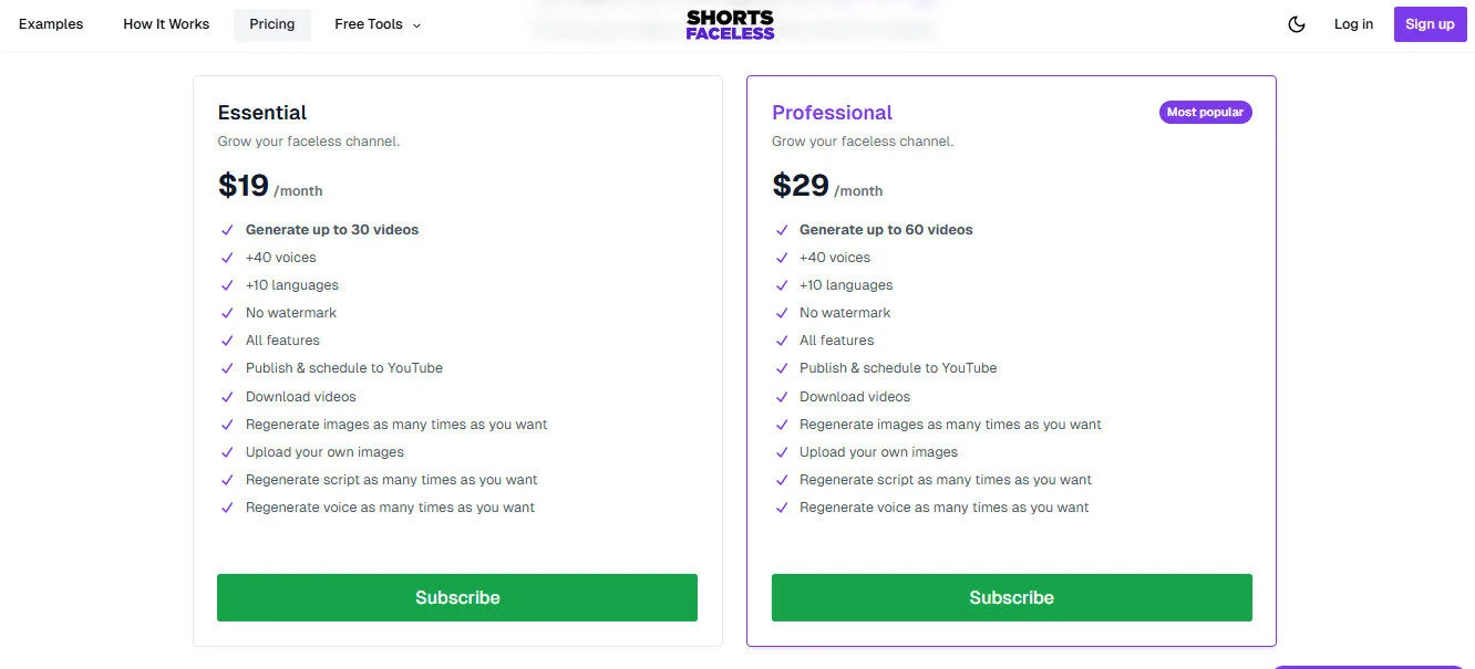 Shortsfaceless AI Pricing Plans | Best Free AI Tools Price Guide
