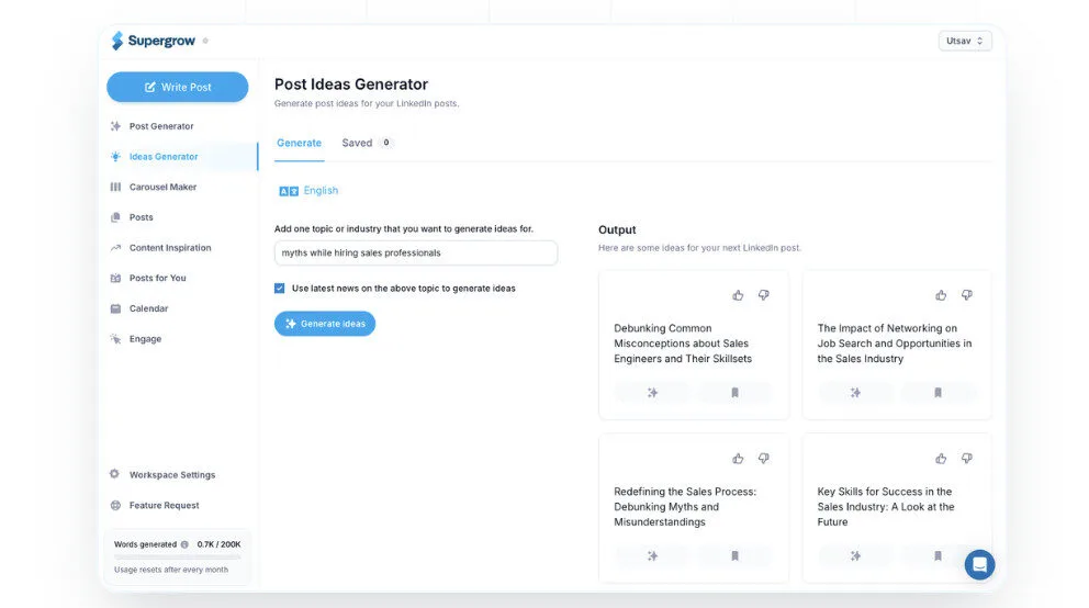 Supergrow AI Linkedin Post Ideas Generator with AI Features Platform Overview | Best Free AI Tools Team Review