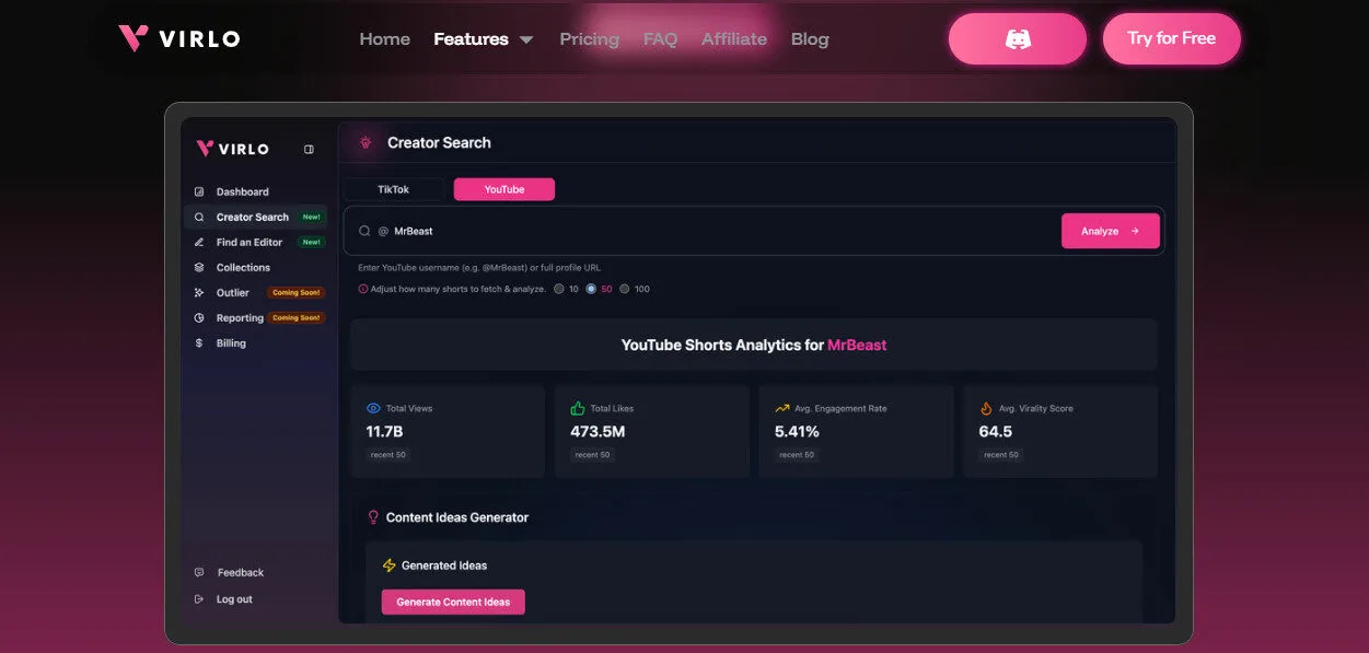 Virlo AI YouTube Content Analyzer AI Features Platform Overview | Best Free AI Tools Team Review