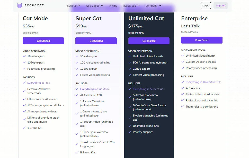 Zebracat AI Monthly Pricing Plan Screenshot by bestfreeaitools team