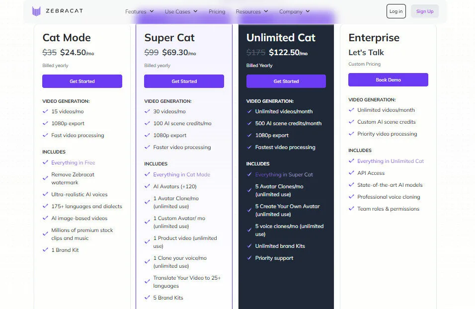 Zebracat AI Yearly Pricing Plan Screenshot by bestfreeaitools team