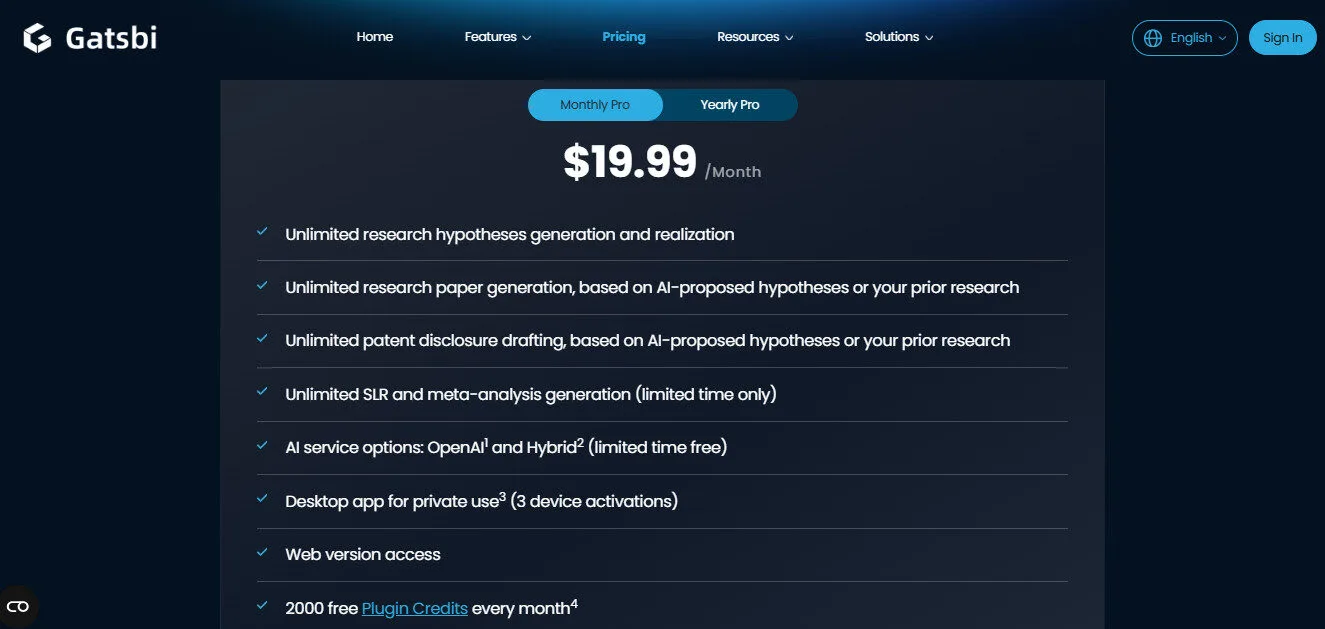 Gatsbi Monthly Pricing Plan Screenshot by bestfreeaitools team