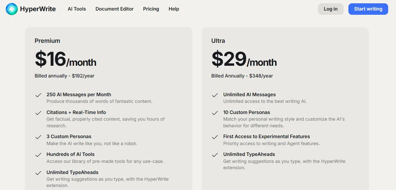 Hyperwrite AI Yearly Pricing Plan Screenshot by bestfreeaitools team