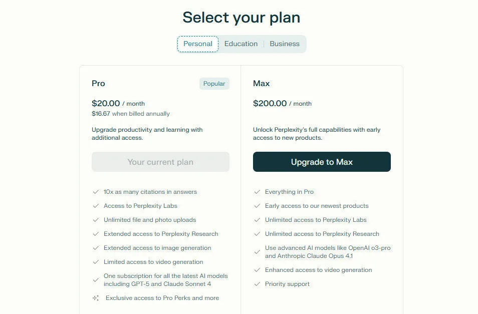 Perplexity AI Personal Pricing Plan Screenshot by bestfreeaitools team